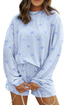 Sky Blue  Bow Print Twisted Rib Loose Long Sleeve Top 2pcs Short Set