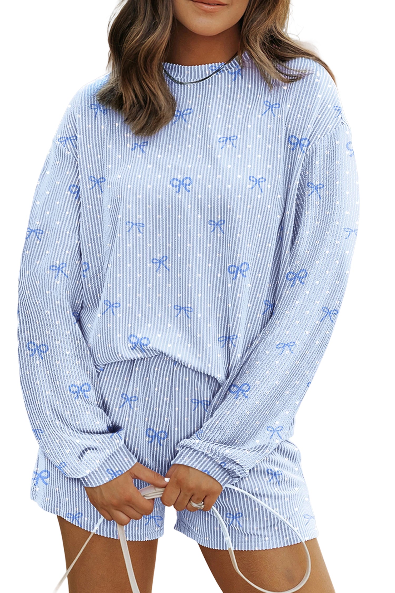 Sky Blue  Bow Print Twisted Rib Loose Long Sleeve Top 2pcs Short Set