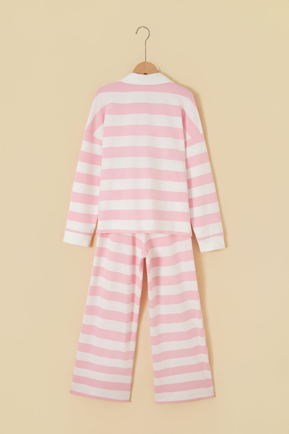 Pink Stripe Color Block Patchwork Zip Long Sleeve Top Elastic Waist Pants Set