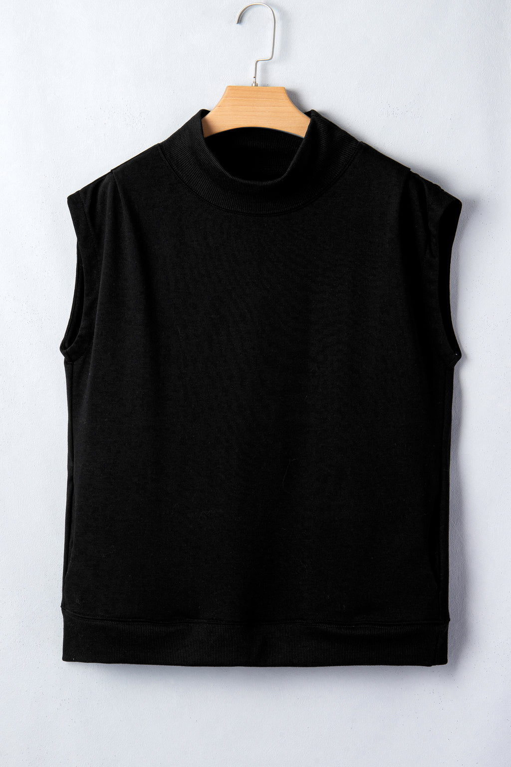 Black Solid Color High Neck Cap Sleeve Loose Top