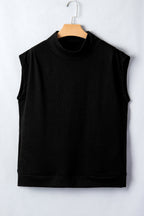 Black Solid Color High Neck Cap Sleeve Loose Top