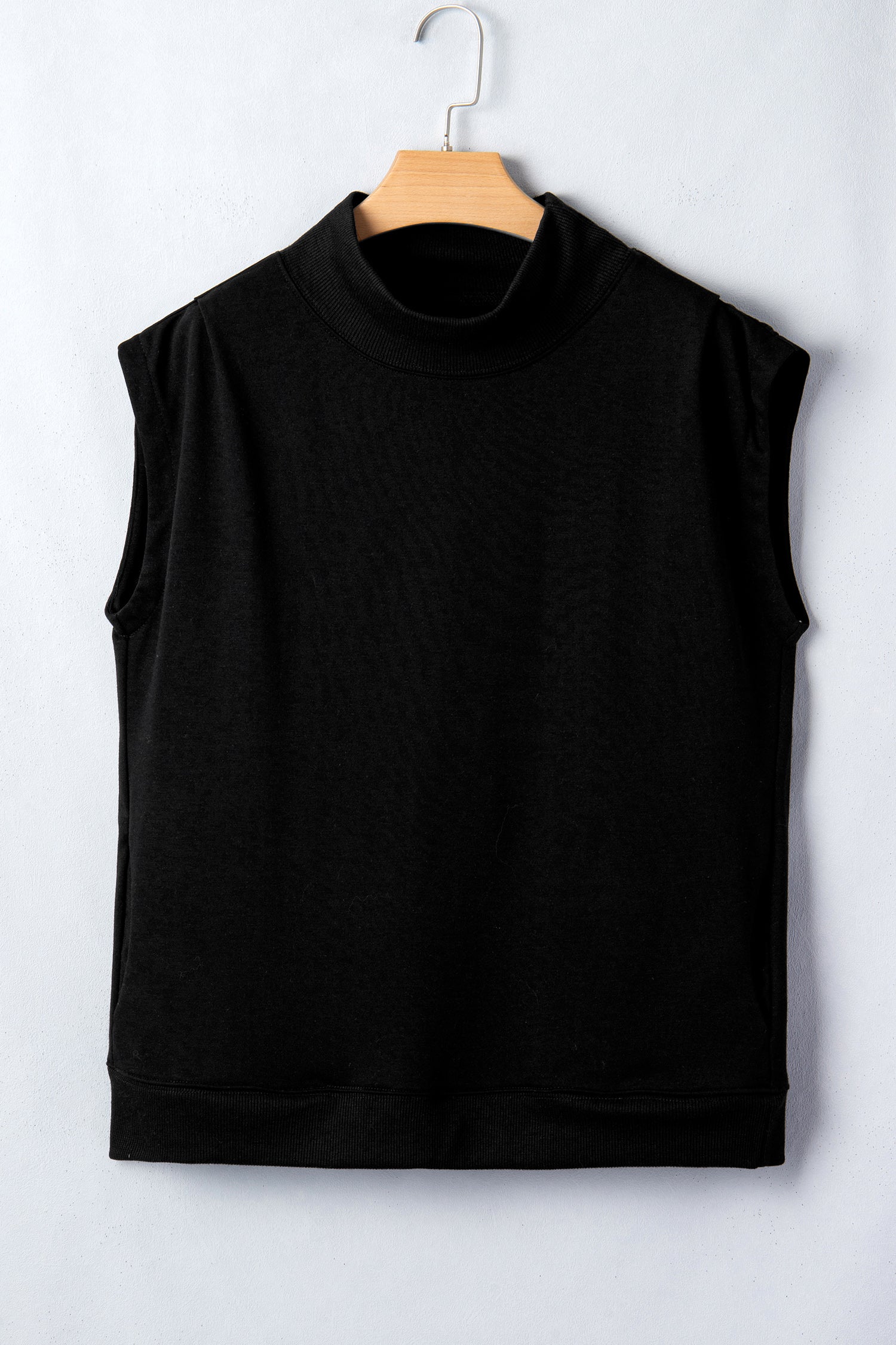 Black Solid Color High Neck Cap Sleeve Loose Top