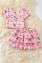 Pink Western boot printed crop top and 3 tiered layered skort. OFG61001 SOL