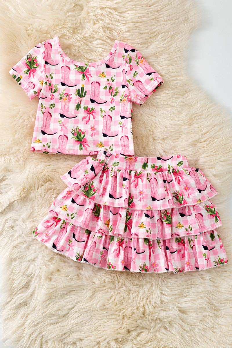 Pink Western boot printed crop top and 3 tiered layered skort. OFG61001 SOL