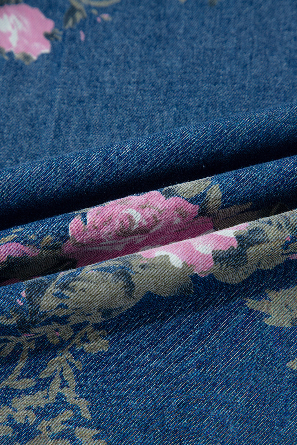 Blue Retro Floral Print Tie Elastic Waist Button Pintuck Wide Leg Jeans