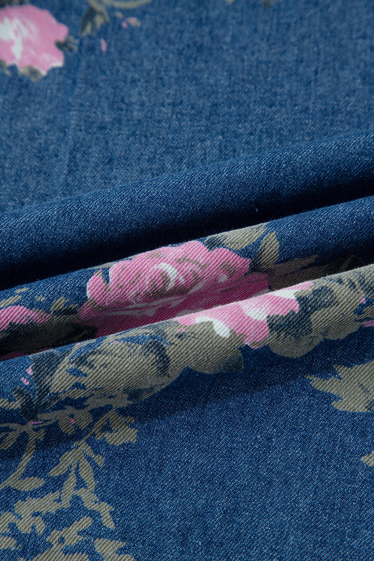 Blue Retro Floral Print Tie Elastic Waist Button Pintuck Wide Leg Jeans