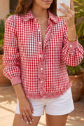 Red Plaid Long Sleeve Button Down Frill Detail Casual Shirt