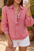 Red Plaid Long Sleeve Button Down Frill Detail Casual Shirt