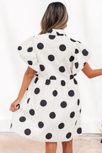 White Polka Dot Print Half Button Ruffled Short Sleeve Loose Mini Dress