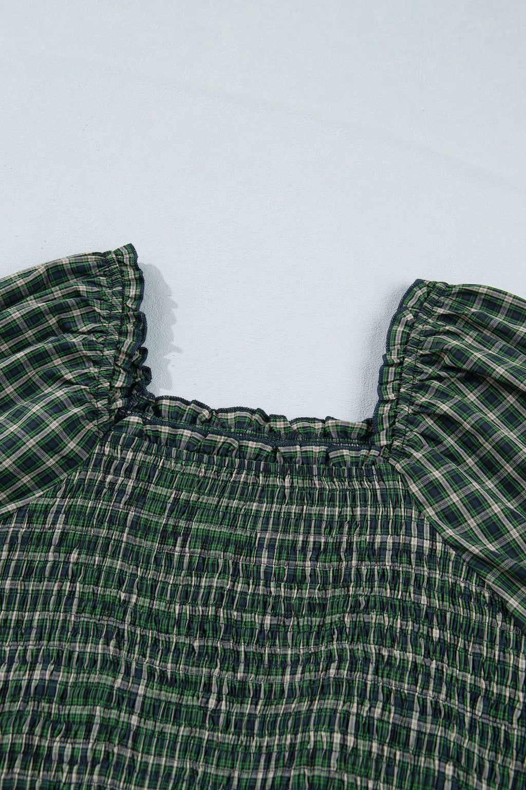 Green Plaid Square Neck Shirred High Waist Ruffle Hem Dress