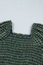 Green Plaid Square Neck Shirred High Waist Ruffle Hem Dress