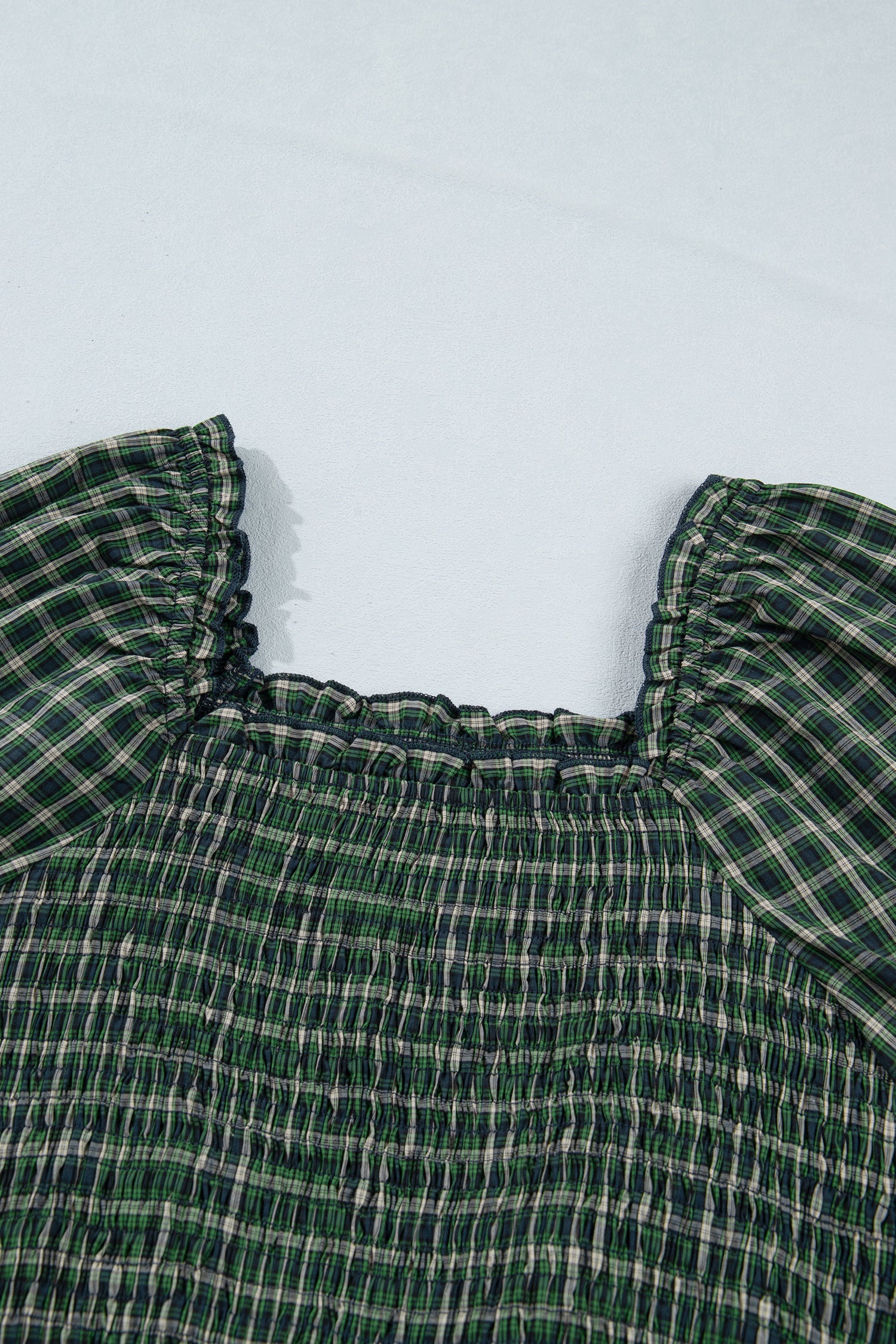 Green Plaid Square Neck Shirred High Waist Ruffle Hem Dress