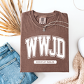 Women's WWJD Flip Tables graphic T-shirt by FestiviTees, casual shirt featuring a Christian-themed flip tables design.