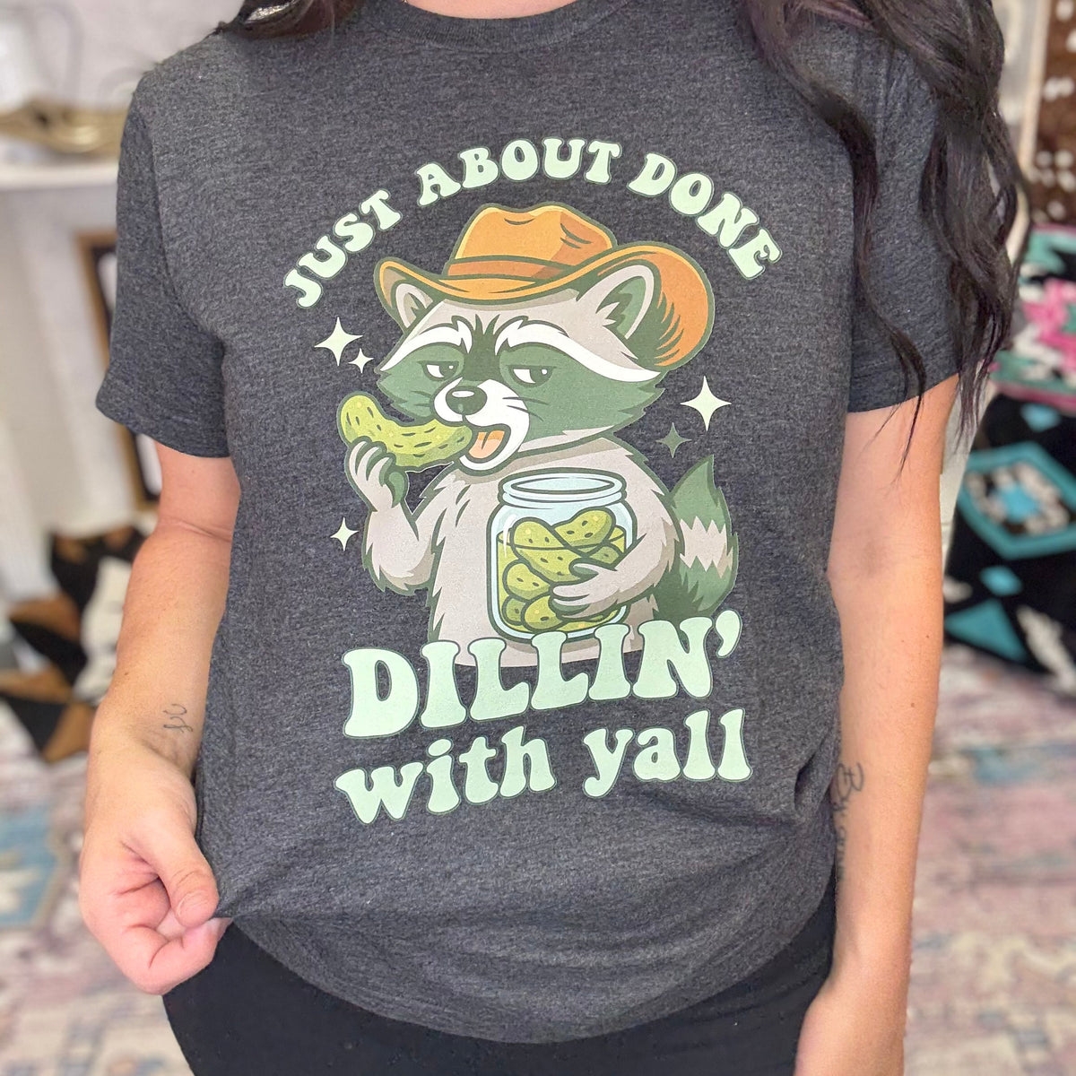 Women’s graphite graphic T-shirt by FestiviTees with "Done Dillin' With Yall" design, casual apparel for everyday wear.