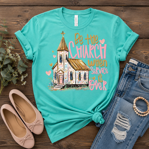 Teal women's Be the Church T-shirt by FestiviTees, Bella+Canvas apparel, casual short-sleeve shirt for women.