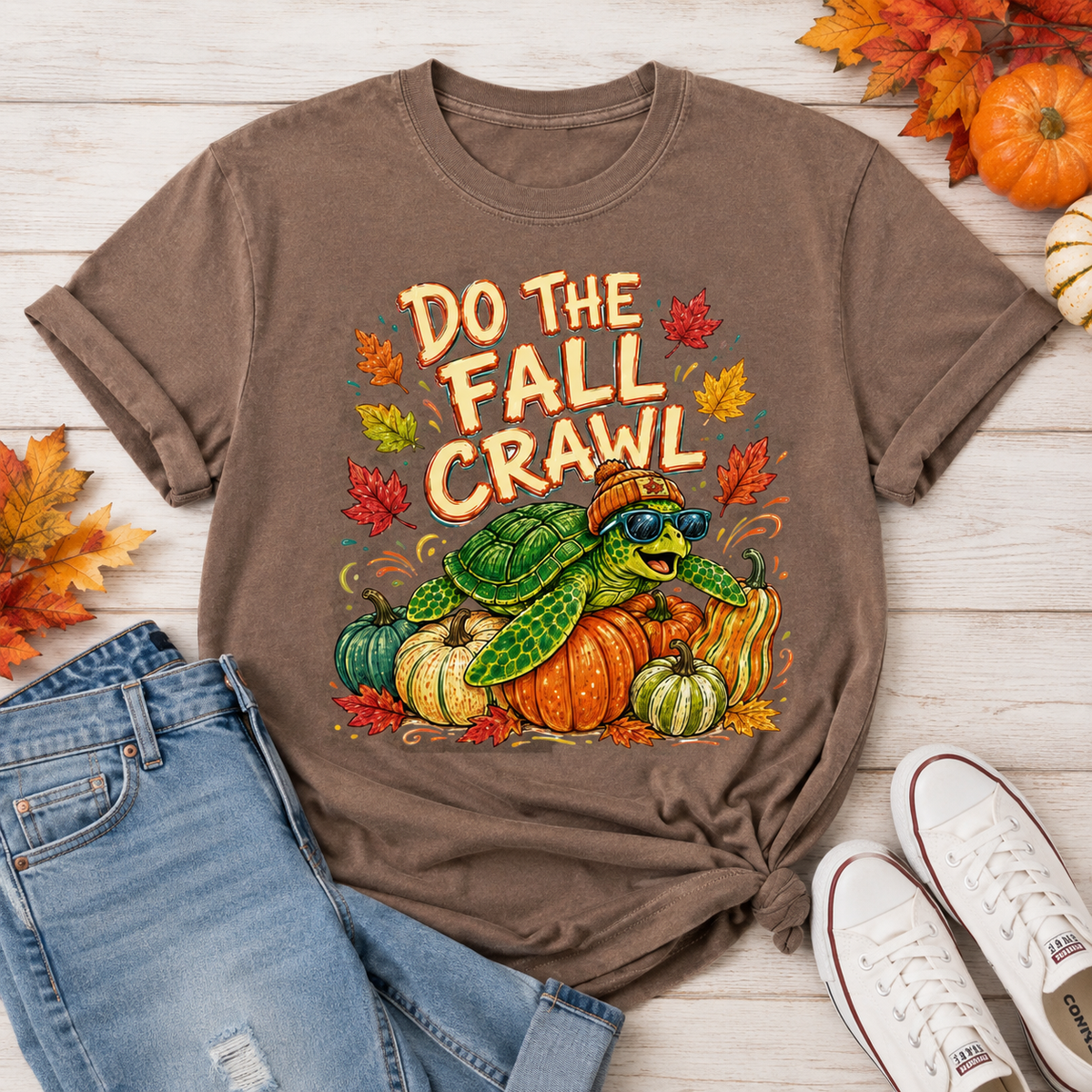 Women’s Fall Crawl Tee by FestiviTees featuring a comfortable espresso-colored T-shirt with fall-themed design.