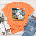 Melon-colored women's Ghost T-shirt by FestiviTees featuring a spooky ghost graphic and the phrase "Mentally I'm Here."