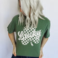 Light green Checker Shamrock Graphic T-shirt for women by FestiviTees, casual apparel with shamrock design and comfortable fit.