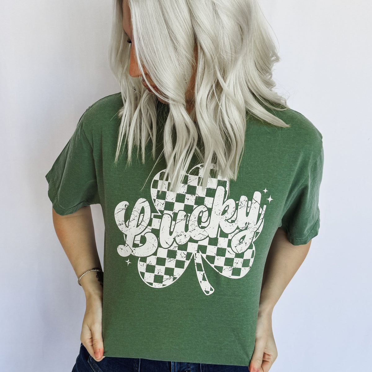 Light green Checker Shamrock Graphic T-shirt for women by FestiviTees, casual apparel with shamrock design and comfortable fit.