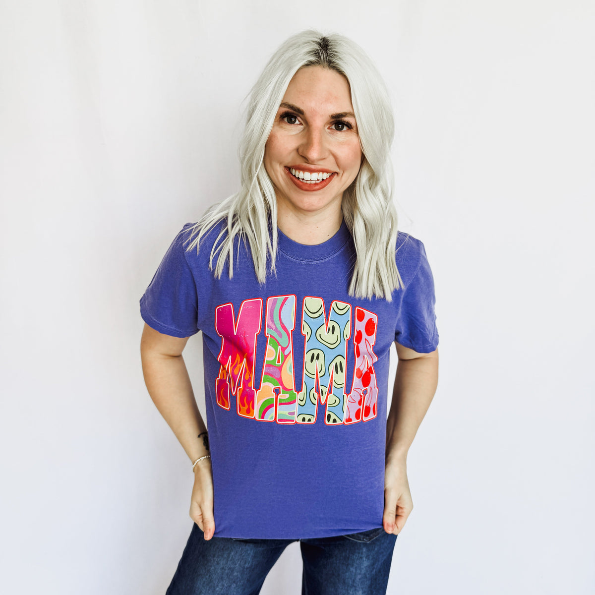 Women’s Retro Mama Graphic T-Shirt by FestiviTees, comfortable blue tee with vintage-inspired graphic design.