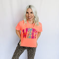 Women’s Retro Wifey Graphic Tee by FestiviTees in vibrant neon red-orange, casual short-sleeve T-shirt with retro design.