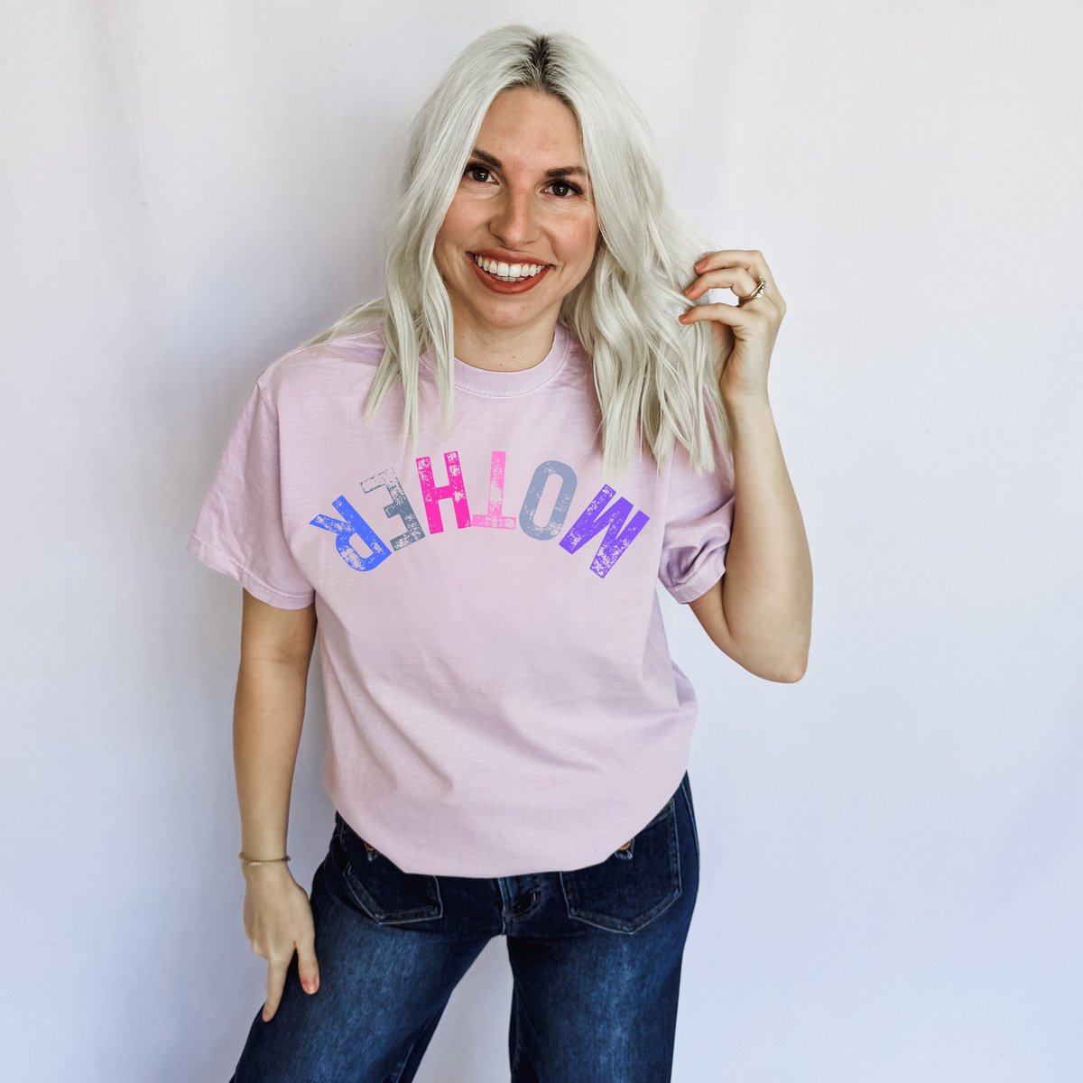 Women’s Upside Down Mother Graphic T-Shirt by FestiviTees, orchid-colored casual tee with bold graphic print.