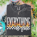 Women’s Fire Graphic T-Shirt by FestiviTees featuring a bold "Everything Is Fine" flame design, made from comfortable fabric.