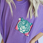 Women’s violet graphic T-shirt by FestiviTees featuring a roaring tiger design on a comfortable cotton shirt.