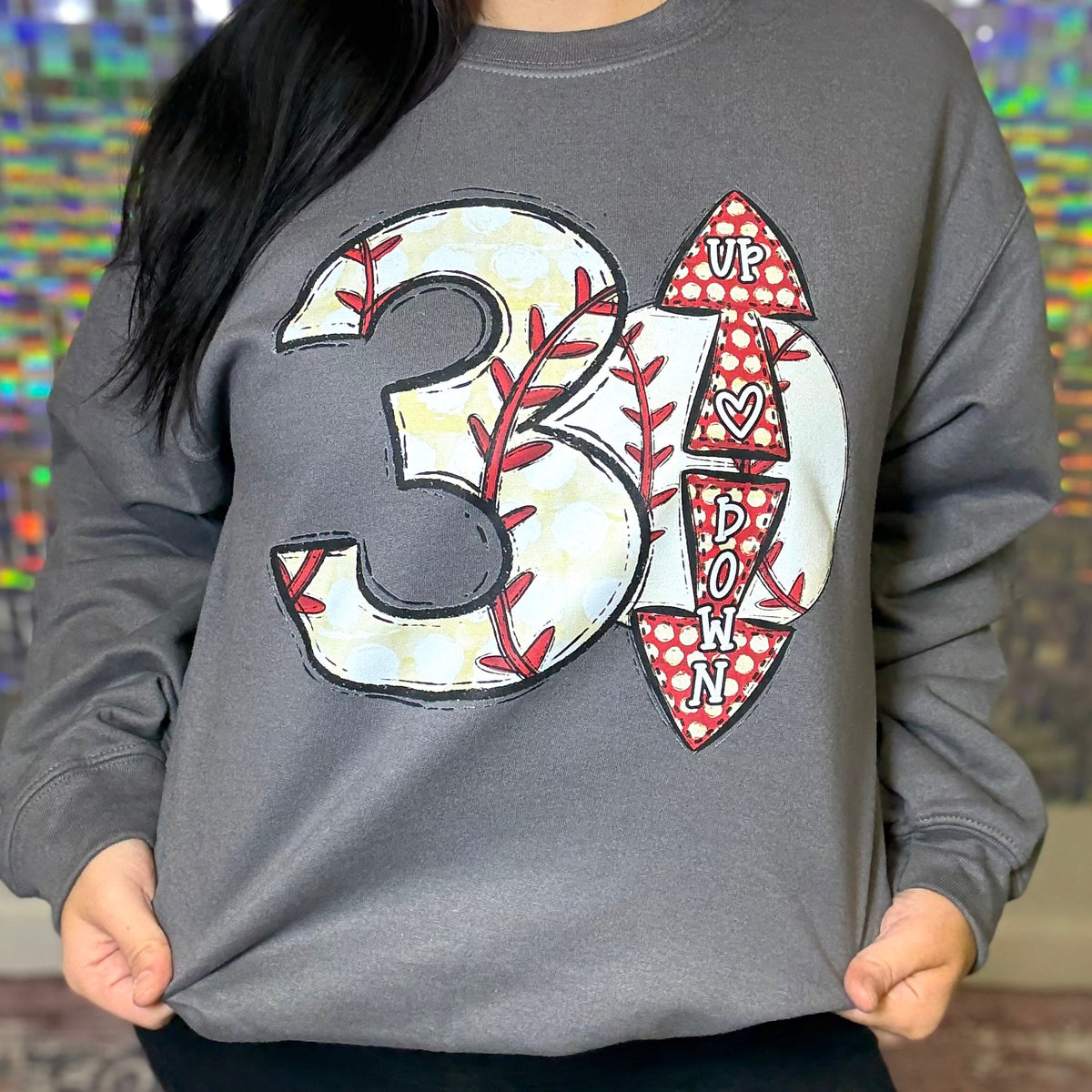 Charcoal women’s graphic crewneck t-shirt by FestiviTees with a three-up three-down design, made from Gildan fabric.