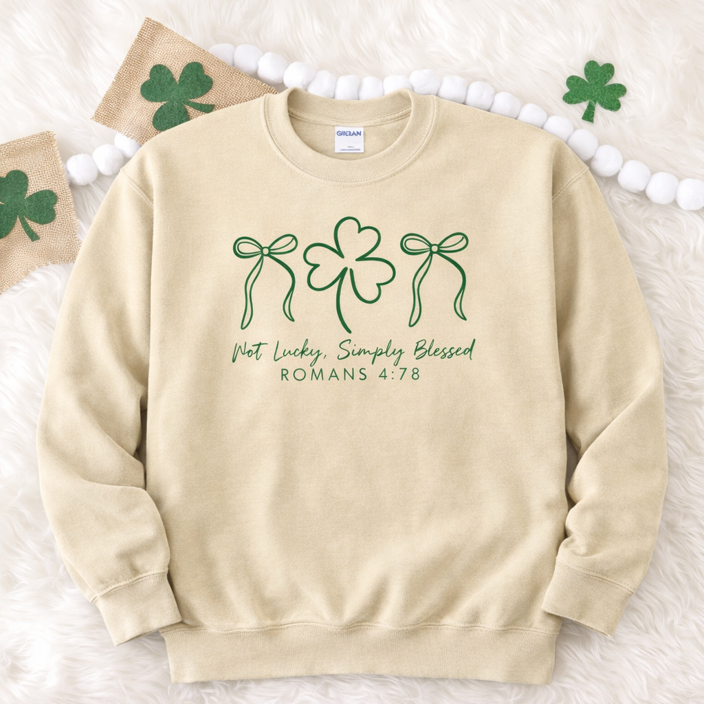 Women’s Gildan graphic T-shirt by FestiviTees with "Not Lucky, Simply Blessed" print, casual and stylish apparel.