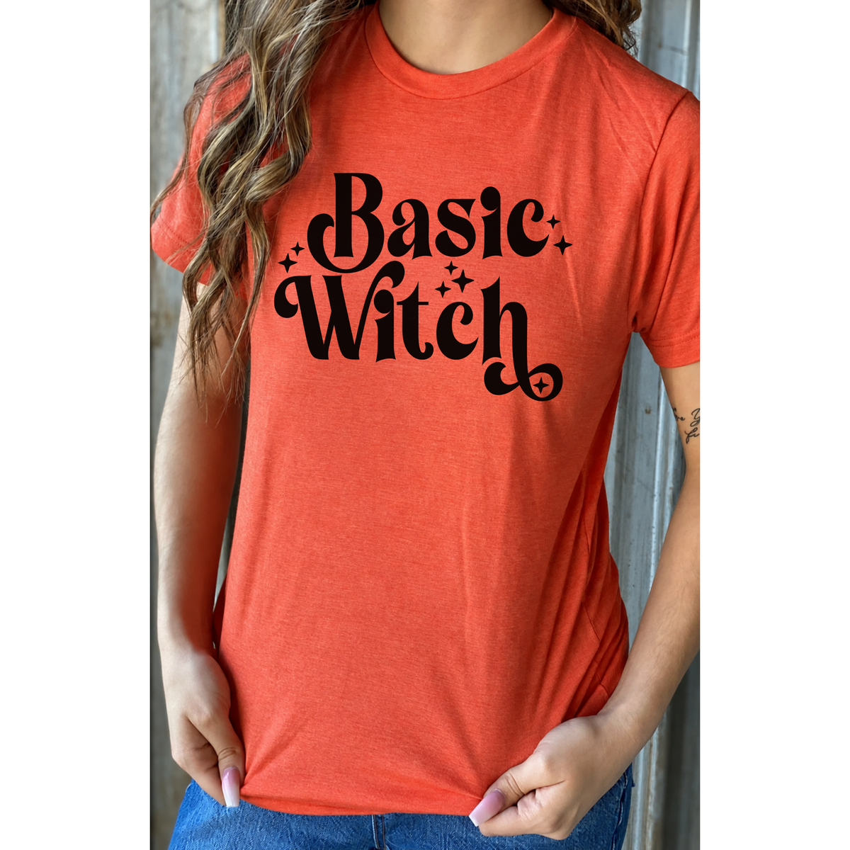Heather orange Bad Witch T-Shirt for women by FestiviTees, casual apparel with witch graphic design.