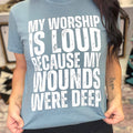 Ice blue women's graphic T-shirt by FestiviTees with "My Worship Is Loud" print, casual short-sleeve shirt for women.