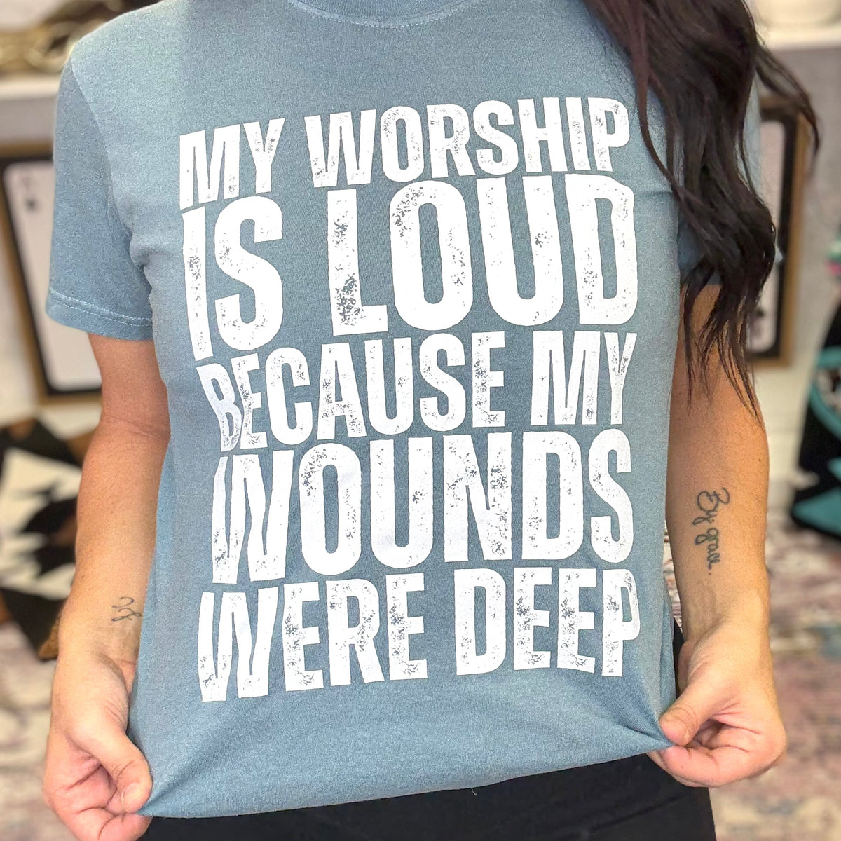 Ice blue women's graphic T-shirt by FestiviTees with "My Worship Is Loud" print, casual short-sleeve shirt for women.