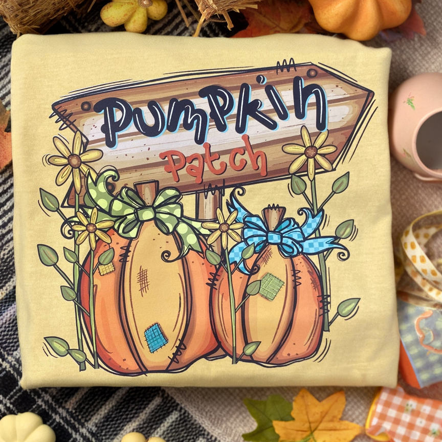 Mustard Pumpkin Patch graphic T-shirt for women by FestiviTees, casual apparel featuring a festive pumpkin design.