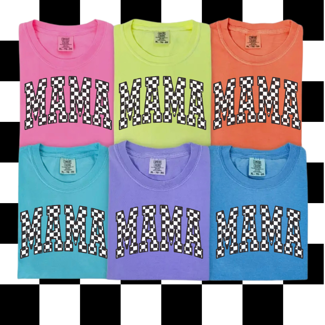 Neon violet checkered Mama graphic T-shirt for women by FestiviTees, casual unisex apparel with bold checkered design.