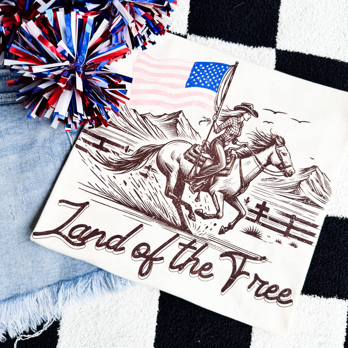 Women’s Land of the Free Horse Graphic T-Shirt by FestiviTees, natural-colored casual tee featuring a horse graphic design.