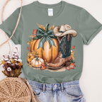 Women’s sage green T-shirt with pumpkin and cowboy boot graphic, casual FestiviTees apparel, perfect for fall.