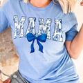 Blue Mama Bow graphic T-shirt for women by FestiviTees, featuring a stylish bow design on Carolina blue cotton tee.