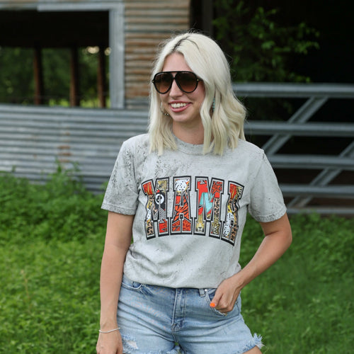 Gray distressed graphic t-shirt for women featuring an 8 Ball Mama design by FestiviTees, casual apparel for everyday wear.
