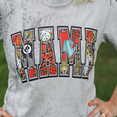Women’s grey distressed graphic T-shirt featuring an 8 Ball Mama design by FestiviTees, casual unisex style, soft cotton fabric.