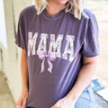 Purple Mama Bow graphic T-shirt for women by FestiviTees, featuring a colorful bow design on a comfortable purple tee.