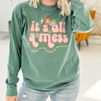 Light green It's All A Mess long sleeve graphic tee for women by FestiviTees, featuring a casual, comfortable design.