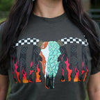 Women’s Desert Skull Flame Mama soft graphic T-shirt by FestiviTees, featuring a desert skull and flame design on a casual tee.