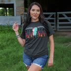 Women’s Desert Skull Flame Mama soft graphic T-shirt by FestiviTees featuring a desert skull and flame design.
