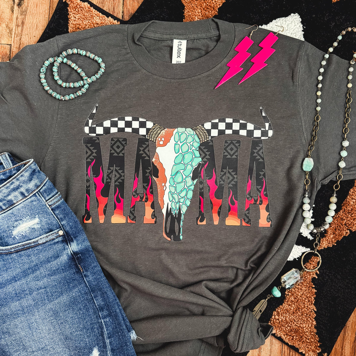 FestiviTees women's soft graphic T-shirt featuring a desert skull flame mama design, casual apparel for women.