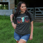 Desert Skull Flame Mama soft graphic T-shirt for women by FestiviTees with desert skull and flame design.