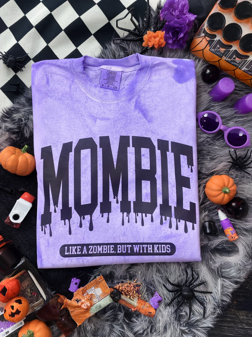 Women's purple acid wash graphic T-shirt by FestiviTees featuring a bold Mombie design, casual and stylish apparel for everyday wear