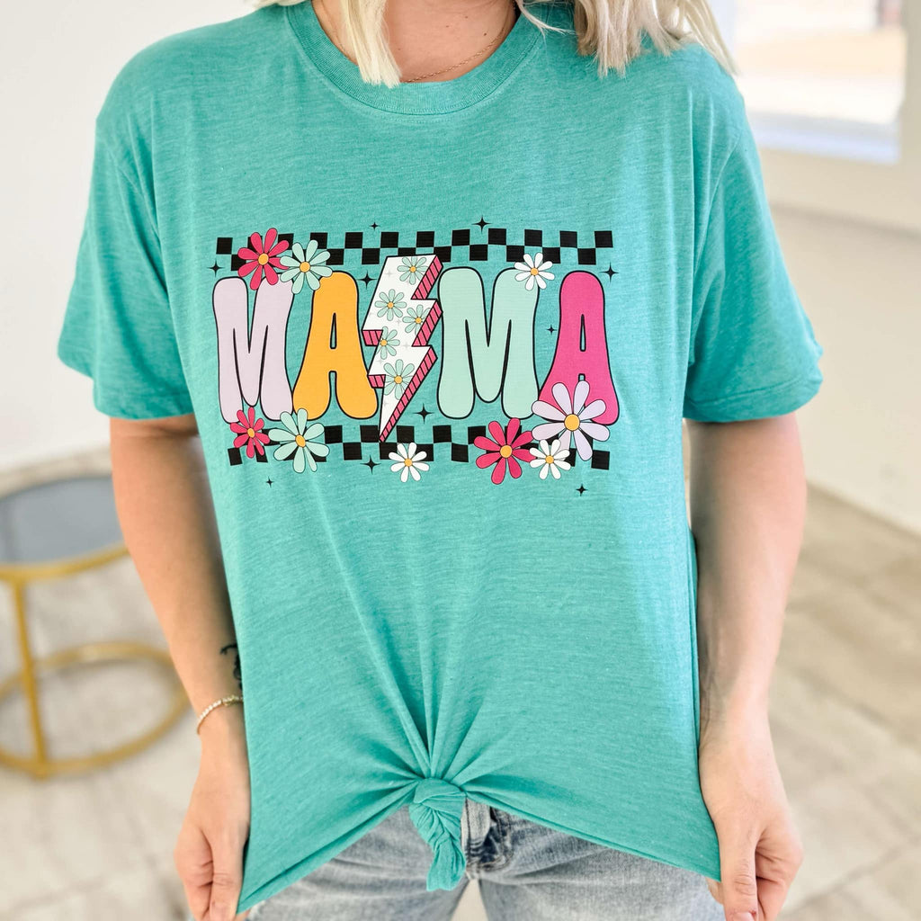 Teal Flower Power Checker Mama graphic T-shirt for women by FestiviTees, featuring a vibrant floral and checkerboard design.