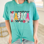 Teal Flower Power Checker Mama graphic T-shirt for women by FestiviTees, featuring a vibrant floral and checkerboard design.