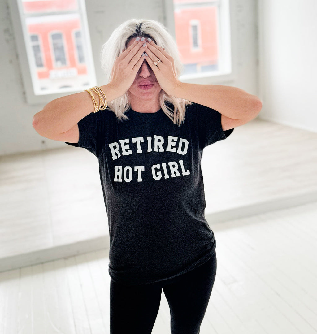 Retired Hot Girl graphic T-shirt for women by FestiviTees, heather graphite unisex tee with bold printed design.